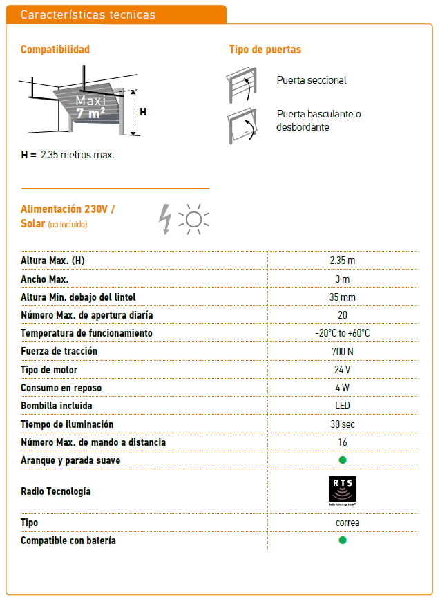 Carater&iacute;sticas tecnicas motor de puerta garaje GDK 700 Somfy